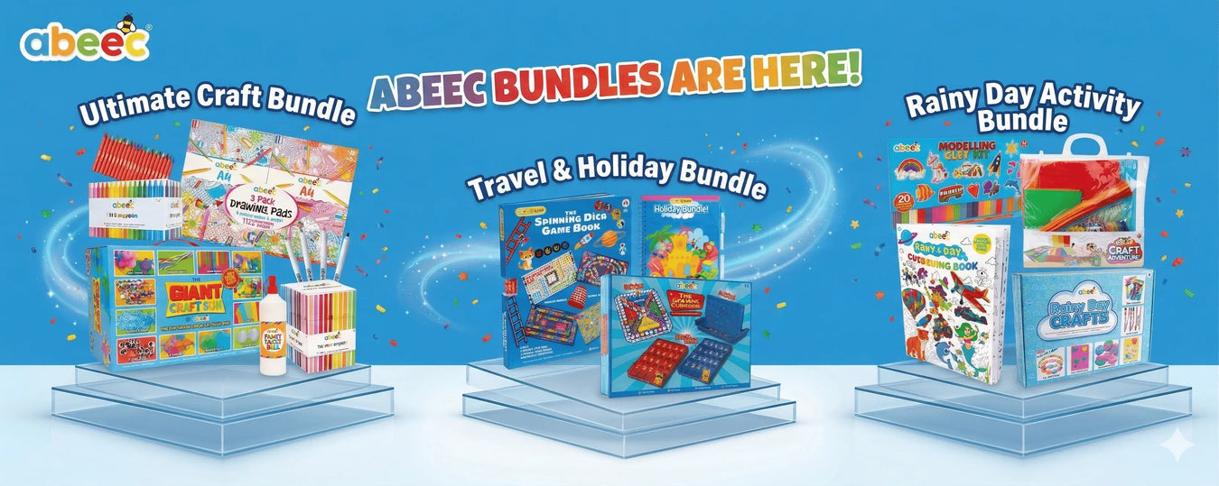 kids toys and activity bundles collection page image showing the craft bundle, the travel bundle and the rainy day bundle on one collection image banner