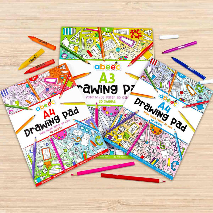 3 Pack Drawing Pads for Children - 2 x A4 Plain Sketch Pads, 1 x A3 Plain