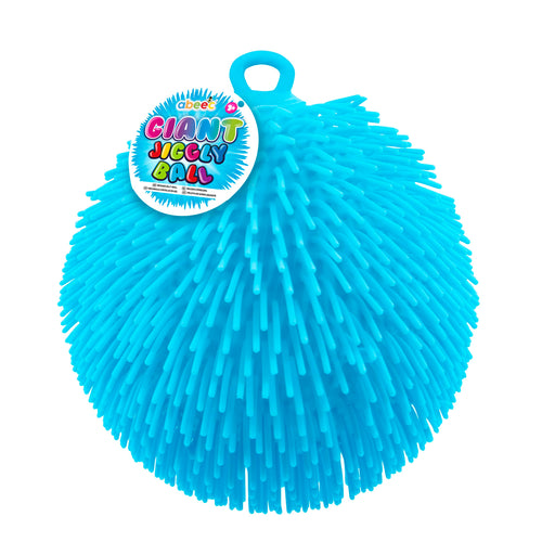 A bright blue giant jiggly ball toy with a hanging loop and a colorful 'Giant Jiggly Ball' hang tag, shown on a plain white background.