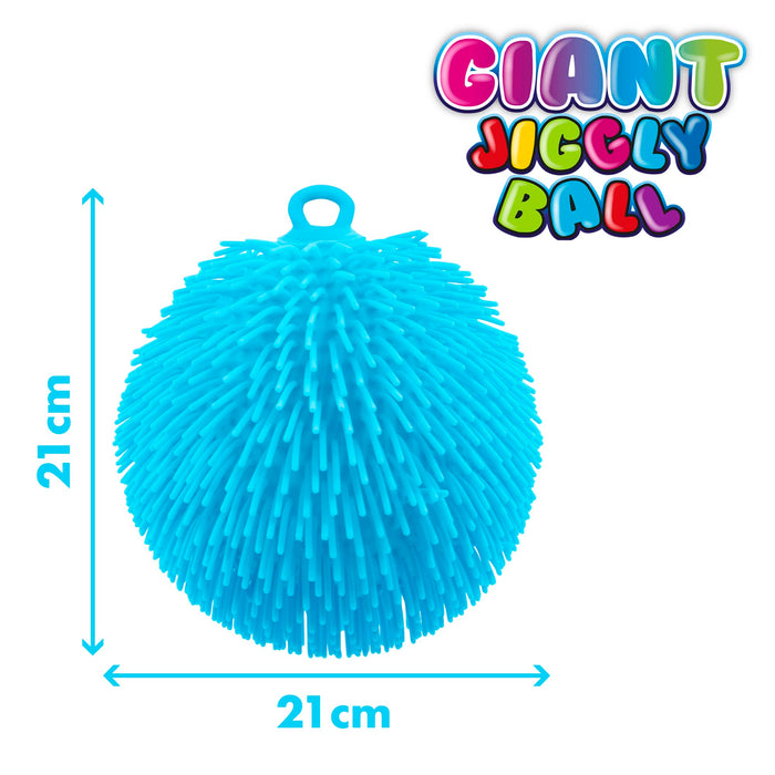 A bright blue spiky abeec jiggly ball toy shown on a white background with measurement arrows and text indicating 21 cm height and 21 cm width.