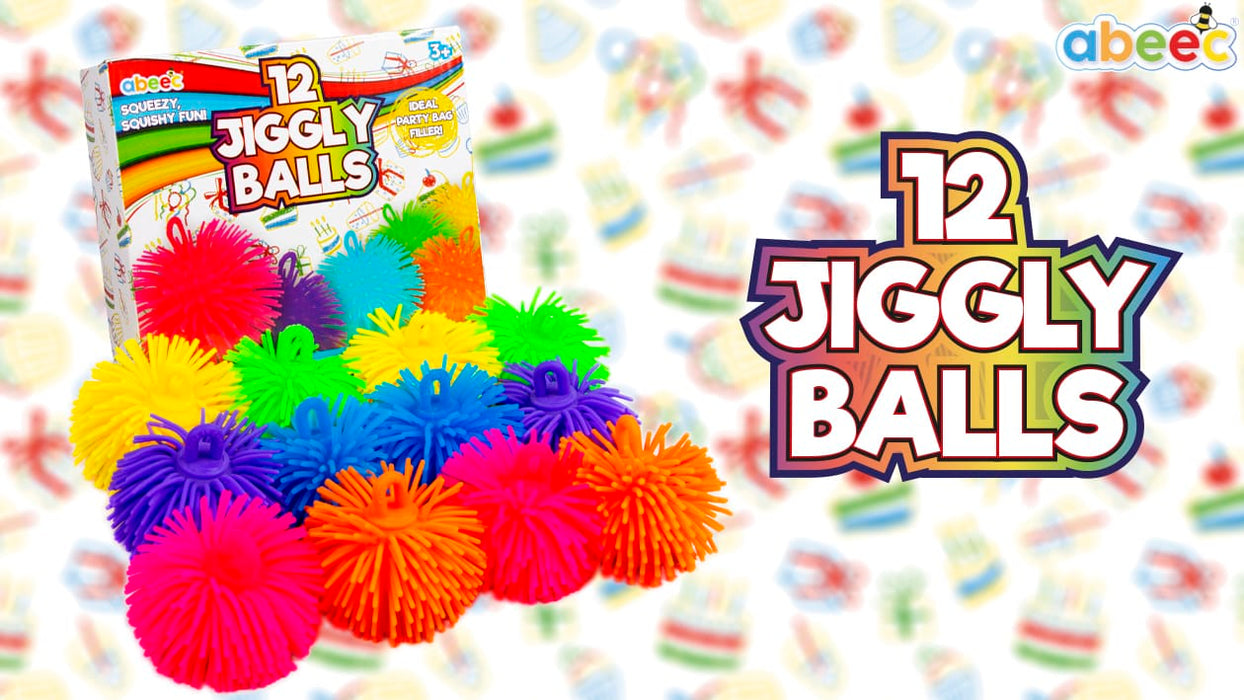abeec 12 Jiggly Balls toy set, showing the colorful packaging box alongside twelve vibrant, squishy pom-pom balls in various bright colors like pink, orange, blue, green, and purple. 