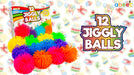 abeec 12 Jiggly Balls toy set, showing the colorful packaging box alongside twelve vibrant, squishy pom-pom balls in various bright colors like pink, orange, blue, green, and purple. 