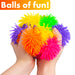Two hands squeezing a cluster of colorful spiky stress balls, including orange, pink, yellow, green, and purple, with an orange banner at the top reading 'Balls of fun!'.