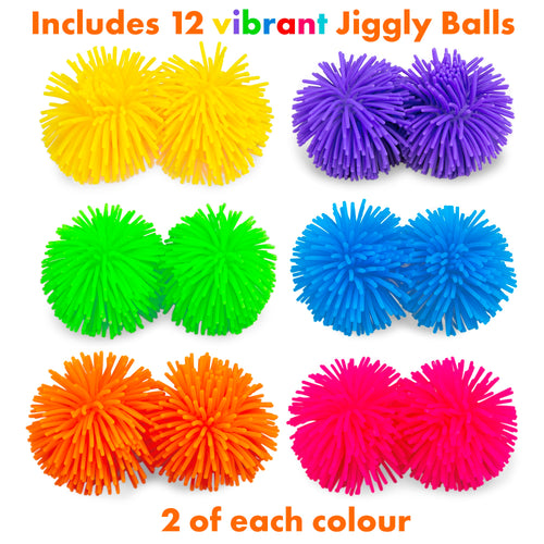 Twelve bright jiggly balls arranged in a grid on a white background, with text reading 'Includes 12 vibrant Jiggly Balls' at the top and '2 of each colour' at the bottom. Colors shown are yellow, purple, green, blue, orange, and pink.