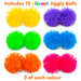 Twelve bright jiggly balls arranged in a grid on a white background, with text reading 'Includes 12 vibrant Jiggly Balls' at the top and '2 of each colour' at the bottom. Colors shown are yellow, purple, green, blue, orange, and pink.