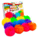 A box of abeec Jiggly Balls alongside a pile of brightly colored, fuzzy squeeze balls in neon pink, orange, yellow, green, blue, and purple on a white background.