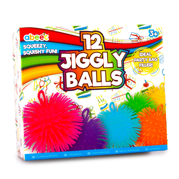 A boxed toy product labeled '12 Jiggly Balls' by abeec, showing a colourful retail package with bright illustrations and photos of pink, purple, blue, green, orange, and yellow squishy balls on a white background.
