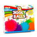 A boxed toy product labeled '12 Jiggly Balls' by abeec, showing a colourful retail package with bright illustrations and photos of pink, purple, blue, green, orange, and yellow squishy balls on a white background.