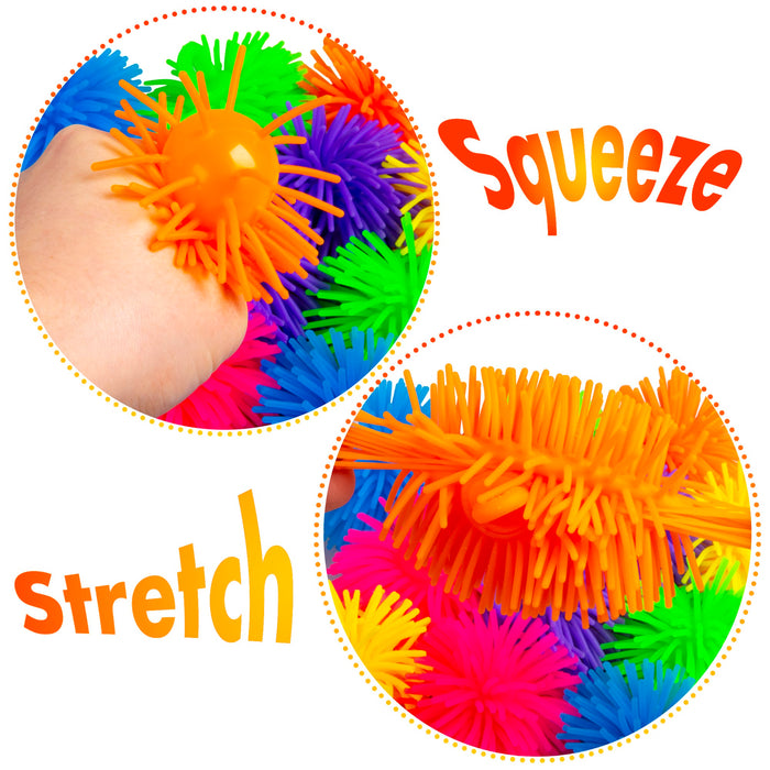 A set of colorful sensory stress balls with bright orange spiky centers and multicolored fuzzy outer layers, shown with text reading 'Squeeze' and 'Stretch' on a white background.