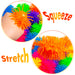 A set of colorful sensory stress balls with bright orange spiky centers and multicolored fuzzy outer layers, shown with text reading 'Squeeze' and 'Stretch' on a white background.