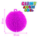 A bright pink spiky jiggly ball toy with a small hanging loop at the top, shown on a white background with pink dimension arrows and text indicating 21 cm width and height. A colorful 'GIANT JIGGLY BALL' logo appears in the top right.