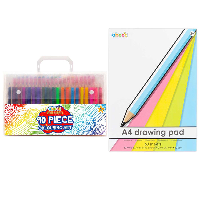 abeec Colouring Bundle - 90 Piece Colouring Set and A4 Drawing Pad