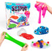 abeec Make & Mix Slime toy set shown with its retail box and multiple colorful slime creations made by hands. The set includes a purple box labeled 'abeec Make & Mix SLIME'.