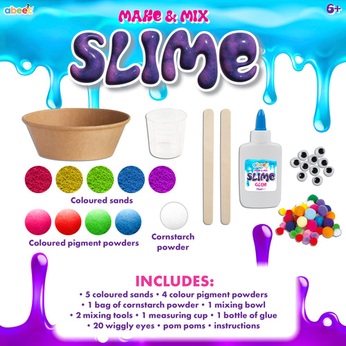 abeec DIY Slime kit contents laid out on a white background with colorful slime graphics. 