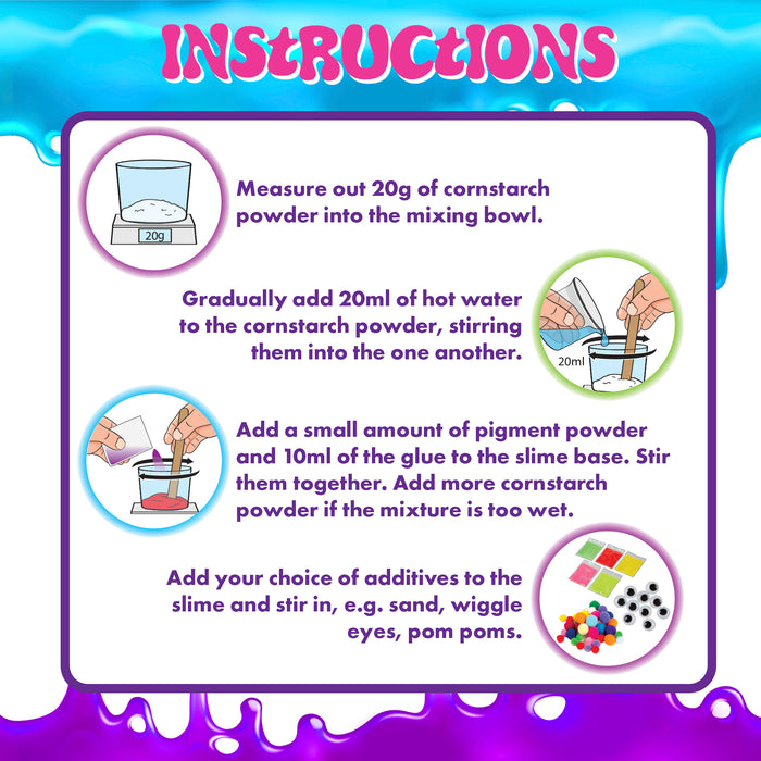 Instructional graphic for making slime, featuring three illustrated steps with icons and text.