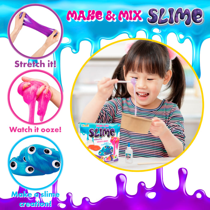 Slime making kit advertisement featuring a young girl mixing slime, with three circular inset images showing purple slime being stretched, pink slime oozing, and a blue slime ball with eyes. The text reads 'MAKE & MIX SLIME' at the top and 'Stretch it!', 'Watch it ooze!', and 'Make a slime creation!' on the sides.