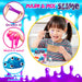 Slime making kit advertisement featuring a young girl mixing slime, with three circular inset images showing purple slime being stretched, pink slime oozing, and a blue slime ball with eyes. The text reads 'MAKE & MIX SLIME' at the top and 'Stretch it!', 'Watch it ooze!', and 'Make a slime creation!' on the sides.