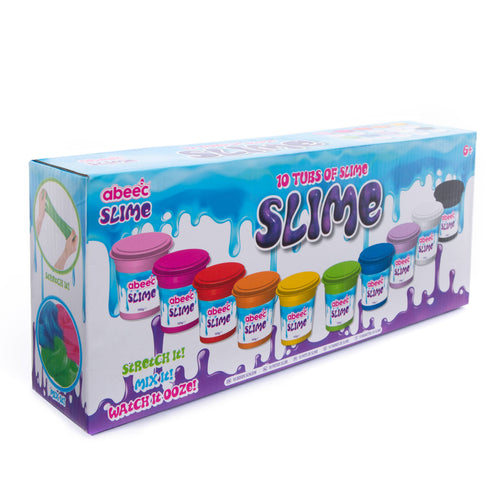 Abeec Slime 10 Tubs of Slime toy set in its original retail packaging, featuring a colorful box with illustrations of the different colored slime tubs inside.