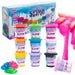A set of 10 tubes of abeec Slime in various colors, displayed in front of their blue and white retail box. A hand is shown stretching a large ball of bright pink slime on the right, and additional slime is piled in the bottom left corner.