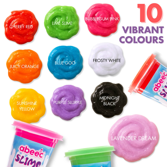 A collage showing ten different colored slime piles with printed names beneath each one, plus two partially visible abeec Slime tubs and large text reading '10 VIBRANT COLOURS.' 
