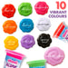 A collage showing ten different colored slime piles with printed names beneath each one, plus two partially visible abeec Slime tubs and large text reading '10 VIBRANT COLOURS.' 