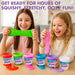Two young girls smiling and stretching colorful slime, with multiple abeeb Slime toy containers arranged on a table in front of them. Large promotional text at the top reads, 'GET READY FOR HOURS OF SQUISHY, STRETCHY, OOZY FUN!'.