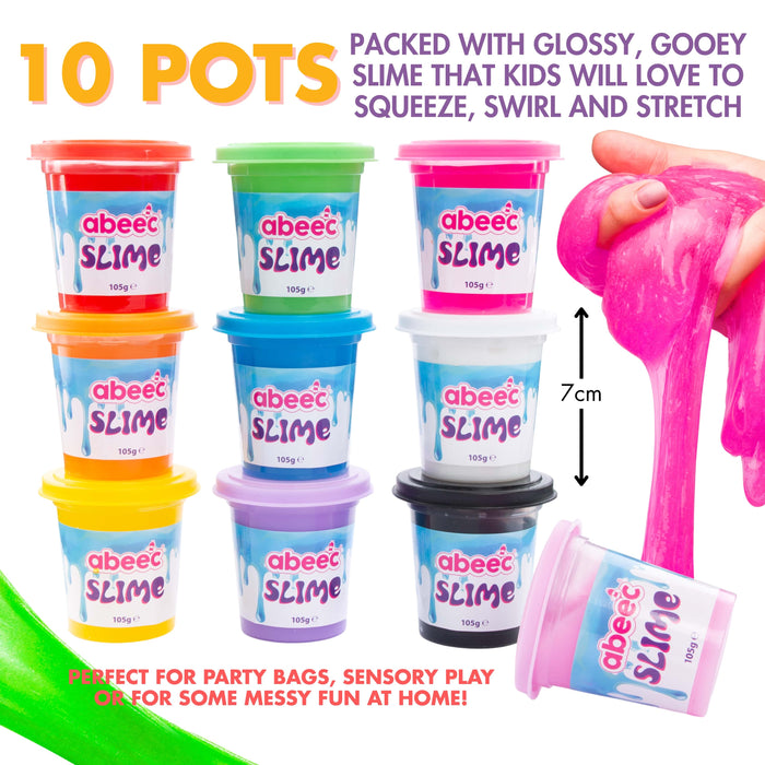 A pack of 10 Abeec Slime pots in assorted colors, shown with a hand stretching a pink slime and promotional text on a white background.