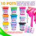 A pack of 10 Abeec Slime pots in assorted colors, shown with a hand stretching a pink slime and promotional text on a white background.
