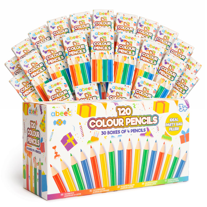 abeec 120 Mini Colour Pencils for Party Bags – 30 Packs of 4 Pre-Sharpened Colouring Pencils for Kids – Party Bag Fillers, Easter Gifts & Classroom Rewards – Age 3+