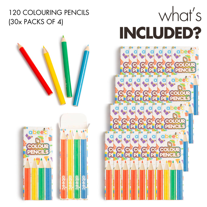 abeec 120 Mini Colour Pencils for Party Bags – 30 Packs of 4 Pre-Sharpened Colouring Pencils for Kids – Party Bag Fillers, Easter Gifts & Classroom Rewards – Age 3+