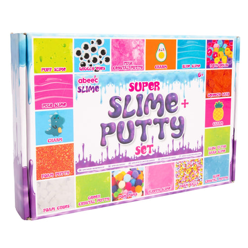 abeec super slime and putty set box showing 5 slime tubs, 4 putty tubs, squeezy sand and mix-ins
