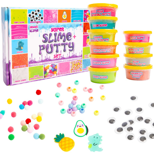 Super Slime + Putty Set toy kit with a colorful box, nine small plastic tubs of slime and putty in bright colors, scattered craft beads, googly eyes, and small decorative pieces on a white background.