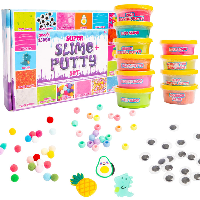 Super Slime + Putty Set toy kit with a colorful box, nine small plastic tubs of slime and putty in bright colors, scattered craft beads, googly eyes, and small decorative pieces on a white background.