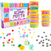 Super Slime + Putty Set toy kit with a colorful box, nine small plastic tubs of slime and putty in bright colors, scattered craft beads, googly eyes, and small decorative pieces on a white background.