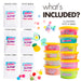 Contents of the abeec slime and putty set laid out, tubs, charms, pom poms, beads and wiggly eyes
