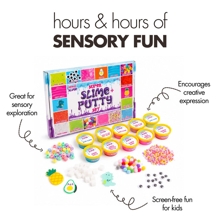 Super Slime + Putty sensory kit displayed on a white background with descriptive text callouts. The kit includes a colorful product box, multiple small tubs of slime and putty, assorted beads, googly eyes, and small food-shaped accessories.