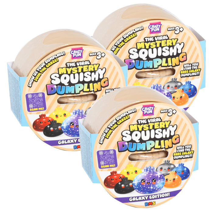 Three packages of Cray Fun The Viral Mystery Squishy Dumpling Galaxy Edition, arranged in a triangular formation on a white background.