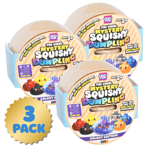 RMS mystery squishy dumpling 3 pack, Galaxy Edition, three sealed bamboo steamer boxes on white background - showing this is available as a 3 pack
