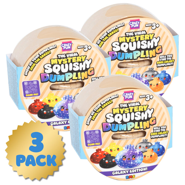 RMS mystery squishy dumpling 3 pack, Galaxy Edition, three sealed bamboo steamer boxes on white background - showing this is available as a 3 pack

