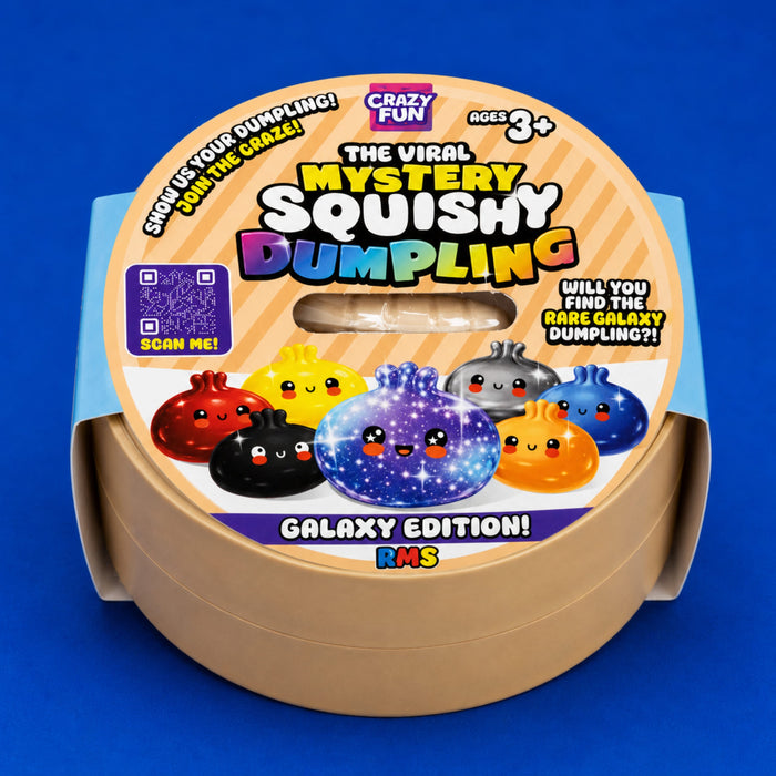 The Viral Mystery Squishy Dumpling Galaxy Edition toy set by Crazy Fun, shown in its circular cardboard packaging on a solid blue background.