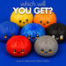 Seven cute, smiling squishy toy balls in different colors are arranged on a blue background with the text 'which will YOU GET?' at the top and 'seven to collect in the Galaxy Edition' at the bottom.