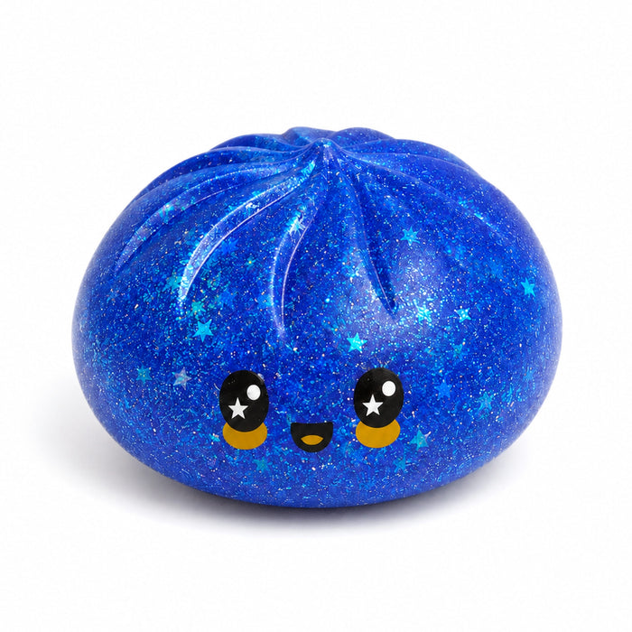 A blue glittery bunsen cookie squishy toy with a cute cartoon face, shown on a clean white background.