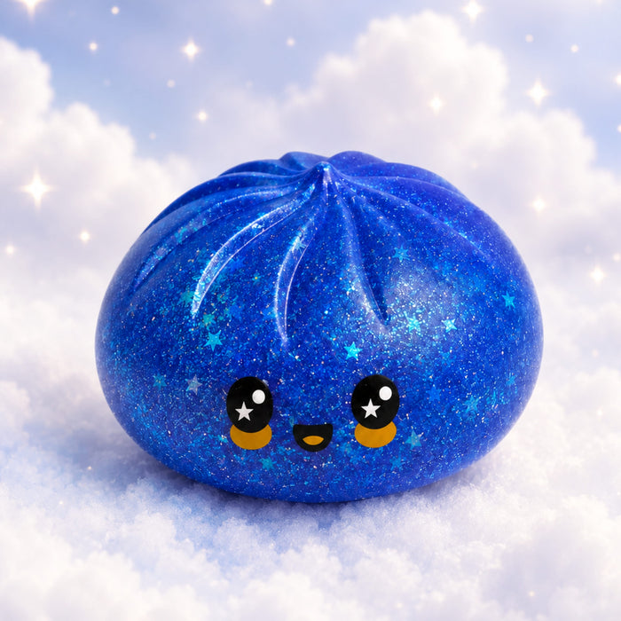 A cute, kawaii-style blue glitter bun toy with a smiling face, resting on white fluffy clouds against a starry sky background.