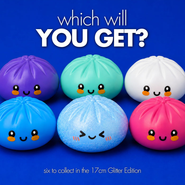 Promotional graphic showing six cute squishy bun toys in different colors on a blue background, with the text 'which will YOU GET?' and 'six to collect in the 17cm Glitter Edition'. The toys include purple, mint green, white, light blue glitter, and pink.