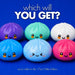 Promotional graphic showing six cute squishy bun toys in different colors on a blue background, with the text 'which will YOU GET?' and 'six to collect in the 17cm Glitter Edition'. The toys include purple, mint green, white, light blue glitter, and pink.