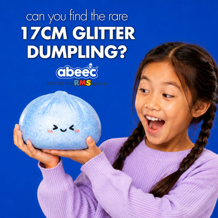 A young girl with braided hair holds a light blue glitter dumpling toy against a solid blue background, with promotional text reading 'can you find the rare 17CM GLITTER DUMPLING?' and the brand name 'abeec' visible, part of the RMS group. 