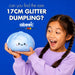 A young girl with braided hair holds a light blue glitter dumpling toy against a solid blue background, with promotional text reading 'can you find the rare 17CM GLITTER DUMPLING?' and the brand name 'abeec' visible, part of the RMS group. 