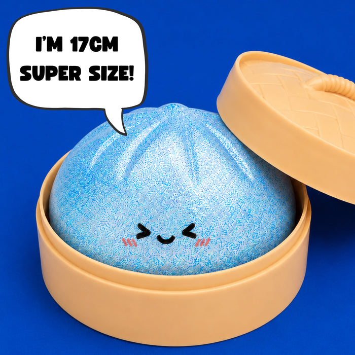 A blue, steamed-bun-shaped novelty item with a cute face peeking out from a beige round container, with the lid resting beside it. A speech bubble says, 'I'M 17CM SUPER SIZE!' against a solid blue background.