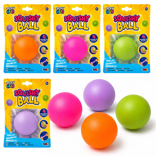 Four colourful squishy balls in orange, pink, green, and purple, shown with four retail blister packs labeled Play Nub Squishy Ball on a white background. Sold as a 4 pack. 