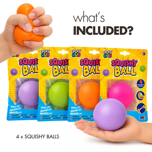 Four Play Hub Squishy Balls shown in their retail packaging, with two hands holding the squeeze balls. Text on the image reads 'what's INCLUDED?' and '4 x SQUISHY BALLS'.